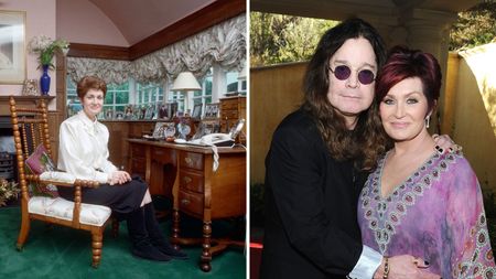 a splitscreen image with sharon osbourne in her buckinghamshire living room on the left and a picture of sharon and ozzy osbourne on the right