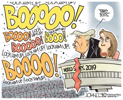 Political Cartoon U.S. Trump World Series Fake Boos