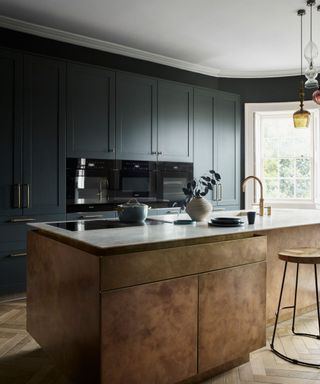 Blue kitchen cabinets, cork kitchen island design