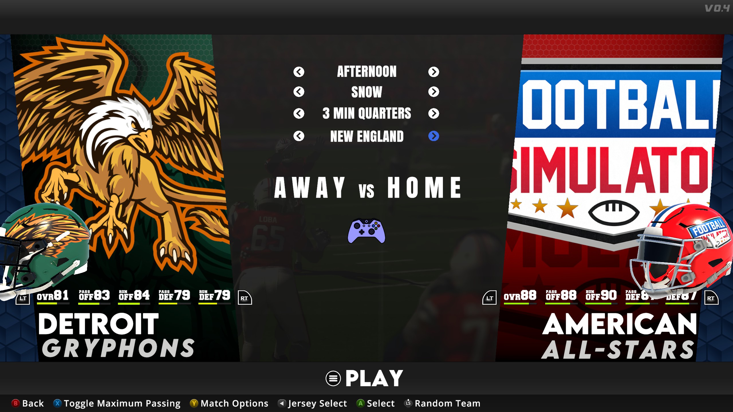 Menu screen for a football game showing Detroit Gryphons and American All-Stars