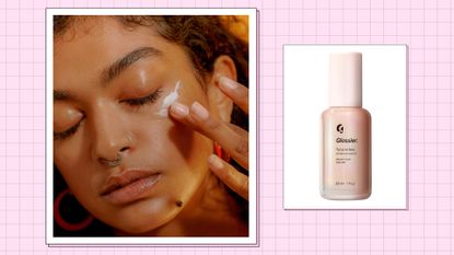 A woman applying serum to her skin, alongside a bottle of Glossier Futuredew/ in a pink template
