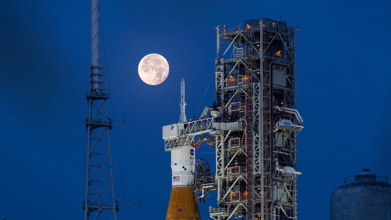 NASA's SLS rocket awaits launch at Kennedy Space Center in Florida.