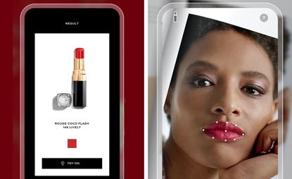 chanel lipscanner app on iphone against dark red background next to image of woman using the app on her iphone