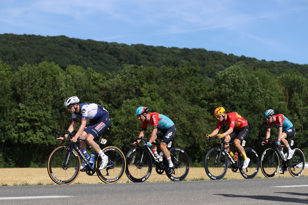 BOURGENBRESSE FRANCE JULY 20 LR Kasper Asgreen of Denmark and Team Soudal Quick Step Victor Campenaerts of Belgium and Team Lotto Dstny Jonas Abrahamsen of Norway and UnoX Pro Cycling Team and Pascal Eenkhoorn of The Netherlands and Team Lotto Dstny compete in the breakaway during the stage eighteen of the 110th Tour de France 2023 a 1849km stage from Motiers to BourgenBresse UCIWT on July 20 2023 in BourgenBresse France Photo by Michael SteeleGetty Images