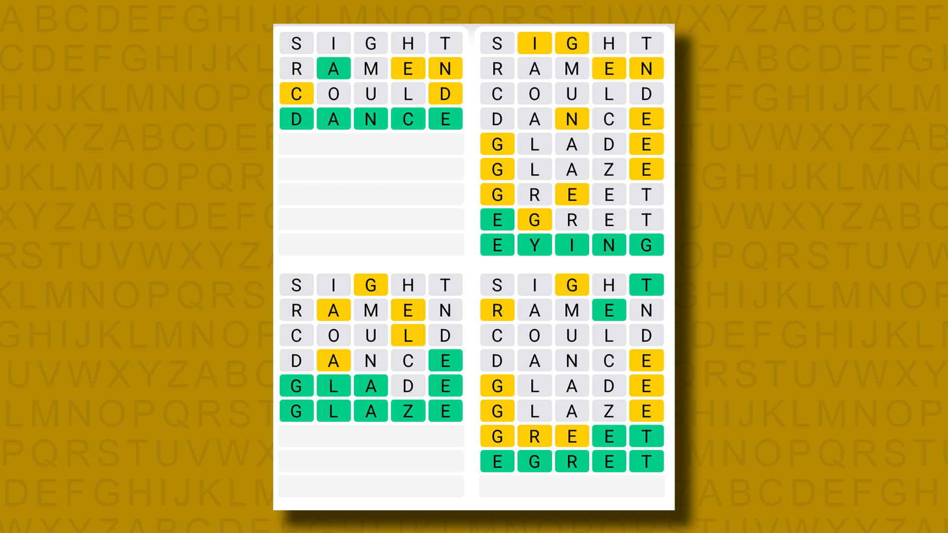 Quordle answers for game 1256 on a yellow background