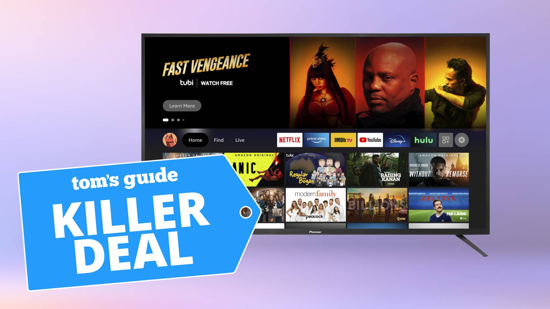 Pioneer 50" 4K Fire TV on a purple background with the Tom's Guide killer deals tag overlaid