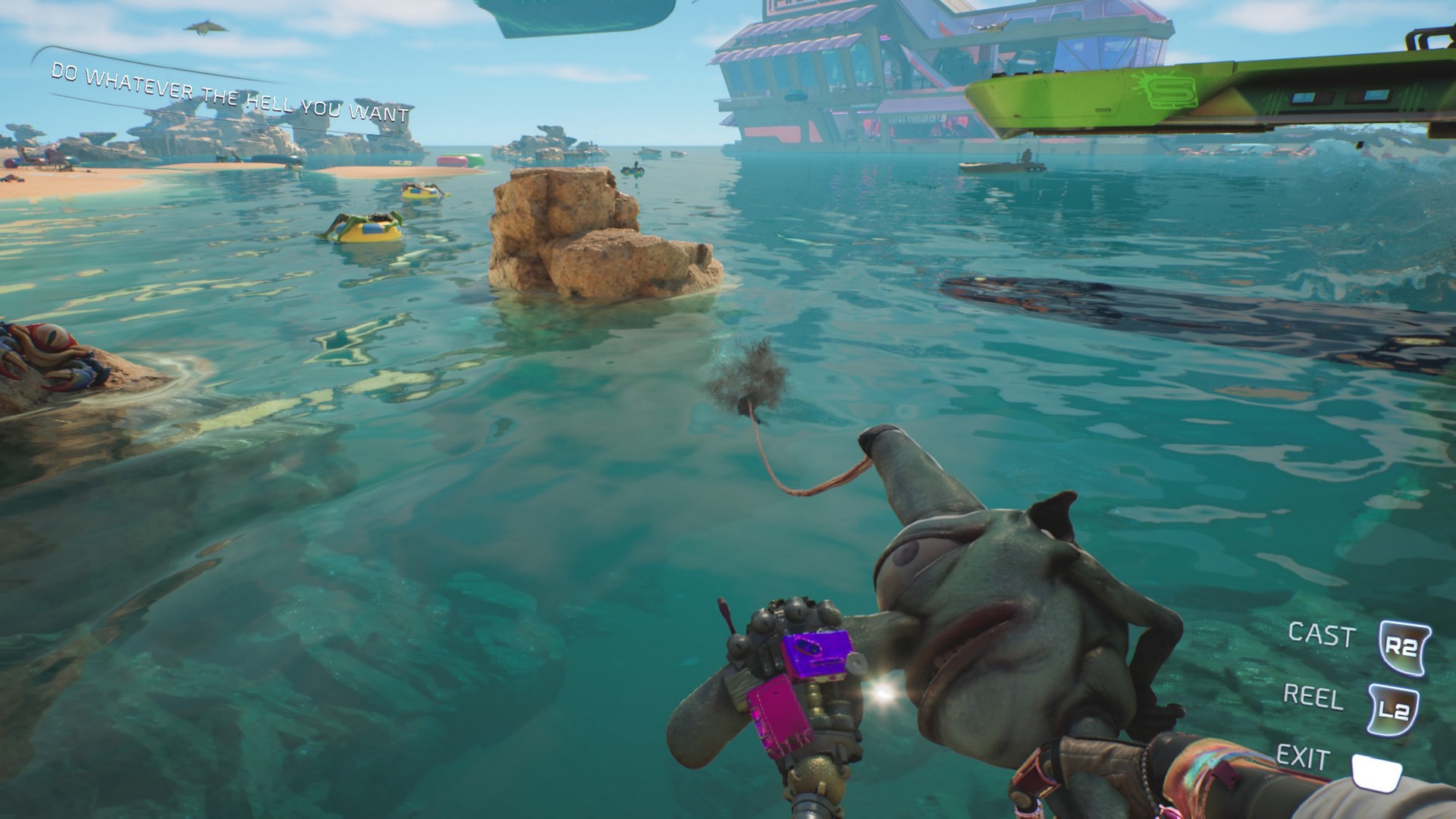 Fishing using a rod with a face in High on Life 2, using its nose as a handle