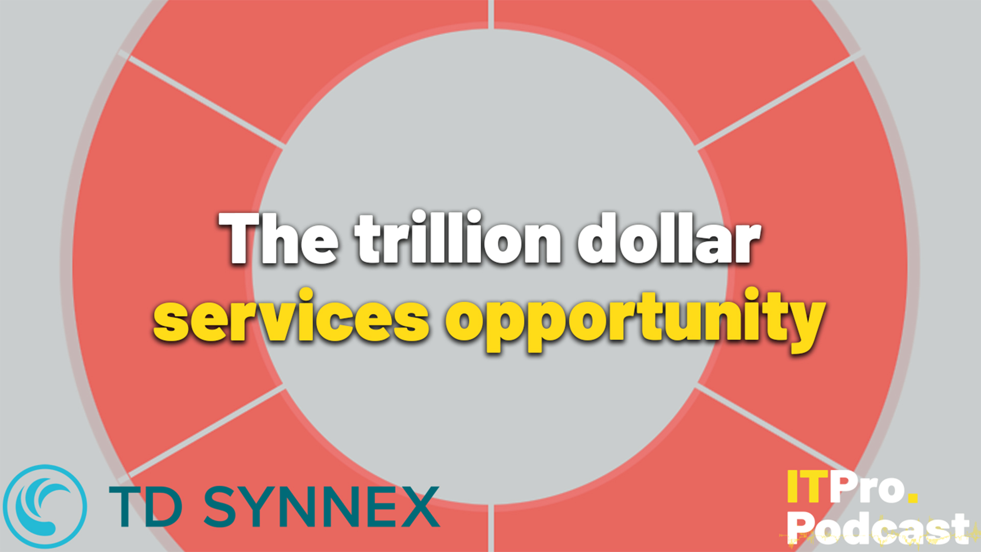 The words 'The trillion dollar services opportunity' against a background showing a salmon pink circle cut into curved segments. The words 'services opportunity' are yellow and the others are white. In the bottom left corner the TD Synnex logo is shown and in the bottom right corner, the ITPro Podcast logo is shown.