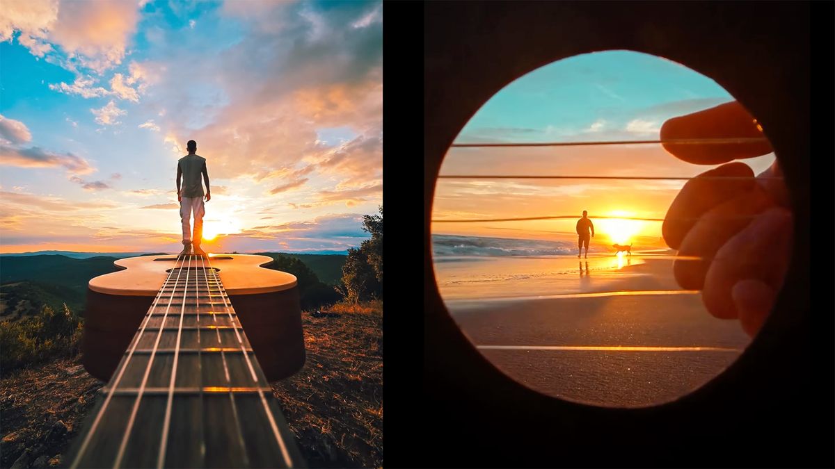 Two guitar-themed sunset images. One with a person walking along the guitar towards sunset, the other a person walking a dog through the sound-hole of a guitar