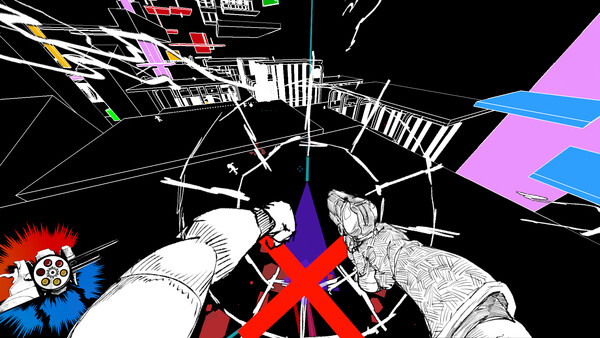 Screenshots from the indie first-person-shooter game VINCIT showing a mix of hand-drawn and CGI art style