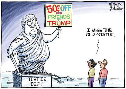 Political Cartoon U.S. Barr Trump statue