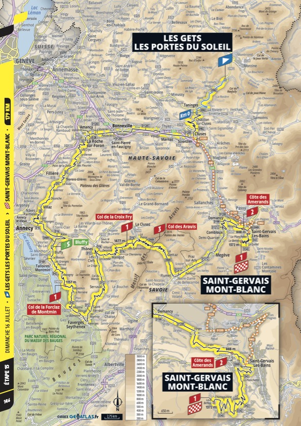 Map of stage 15 of the 2023 Tour de France