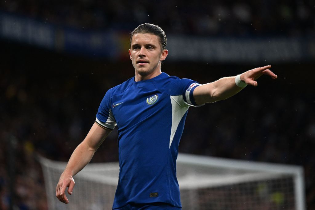 Chelsea&#039;s English midfielder #23 Conor Gallagher reacts during the English League Cup football match between Chelsea and AFC Wimbledon at Stamford Bridge, in London on August 30, 2023. (Photo by Daniel LEAL / AFP) / RESTRICTED TO EDITORIAL USE. No use with unauthorized audio, video, data, fixture lists, club/league logos or &#039;live&#039; services. Online in-match use limited to 120 images. An additional 40 images may be used in extra time. No video emulation. Social media in-match use limited to 120 images. An additional 40 images may be used in extra time. No use in betting publications, games or single club/league/player publications. / (Photo by DANIEL LEAL/AFP via Getty Images)