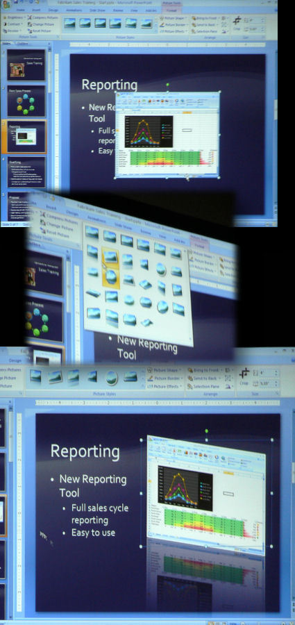 All the rendering tools in every Office program are now 3D capable. Here, a screen shot from Excel is dropped into a PowerPoint slide. With a simple style change, the picture perches itself along the right side of the slide in 3D, atop a shiny surface tha