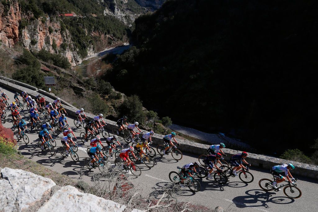 VALDEBLORE LA COLMIANE FRANCE MARCH 13 Primoz Roglic of Slovenia and Team Jumbo Visma Yellow leader jersey the peloton during the 79th Paris Nice 2021 Stage 7 a 119km stage from Le Broc to Valdeblore La Colmiane 1501m Stage itinerary redesigned due to COVID19 lockdown imposed in the city of Nice ParisNice on March 13 2021 in Valdeblore La Colmiane France Photo by Bas CzerwinskiGetty Images