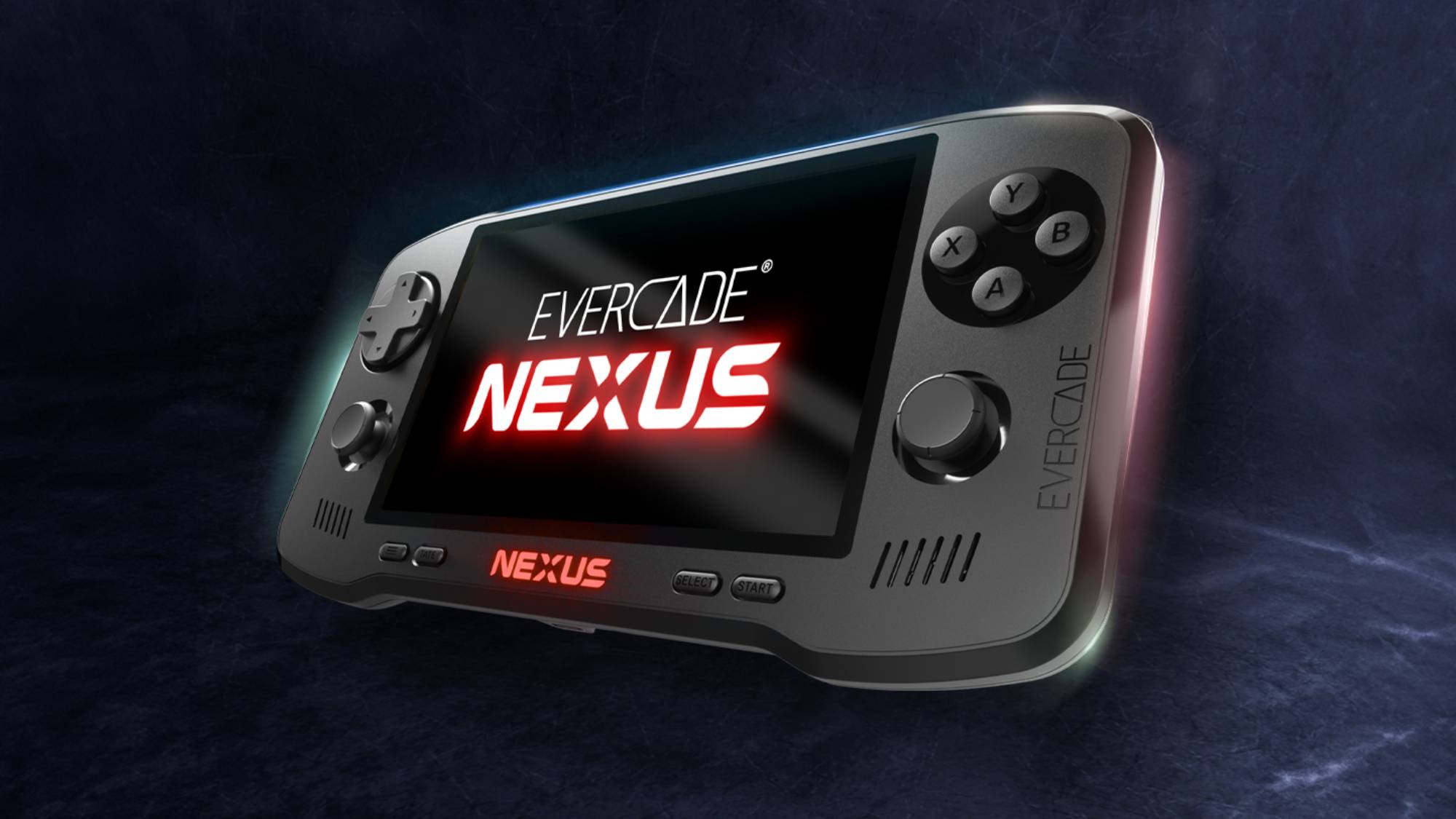 Evercade Nexus handheld device on a grey background
