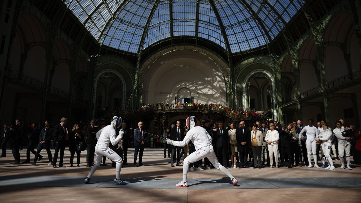 Two members of the French Olympic fencing team at Le Grand Palais