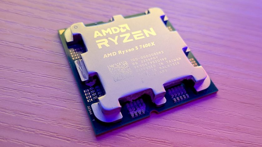 A stylized photo of an AMD Ryzen 5 7600X processor.