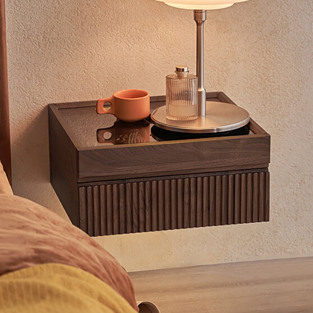Modern Floating Walnut Nightstand With Glass Top & Jewelry Storage Bedside Table