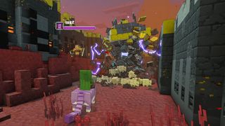 Minecraft Legends Horde of the Bastion: Cobblestone Golems destroying Piglin fortress.