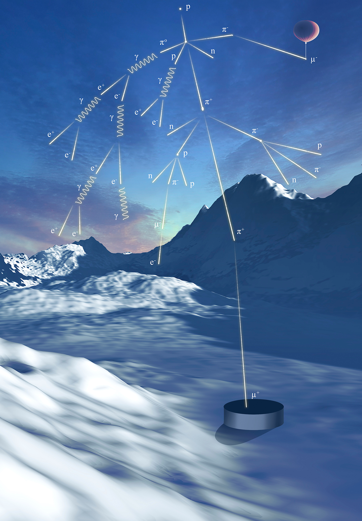An illustration of a series of particles falling from the sky on a snowy landscape