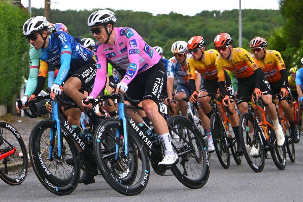 BOUCHAIN FRANCE MAY 16 LR Edvald Boasson Hagen of Norway and Sam Bennett of Ireland and Decathlon AG2R La Mondiale Team Pink Leader Jersey compete during the 68th 4 Jours de Dunkerque Grand Prix des Hauts de France 2024 Stage 3 a 1651km stage from SaintLaurentBlangy to Bouchain on May 16 2024 in Bouchain France Photo by Luc ClaessenGetty Images