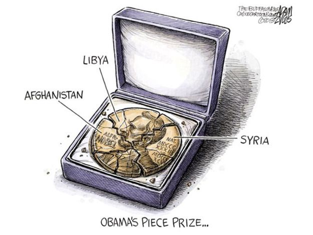 Obama cartoon peace prize broken mideast