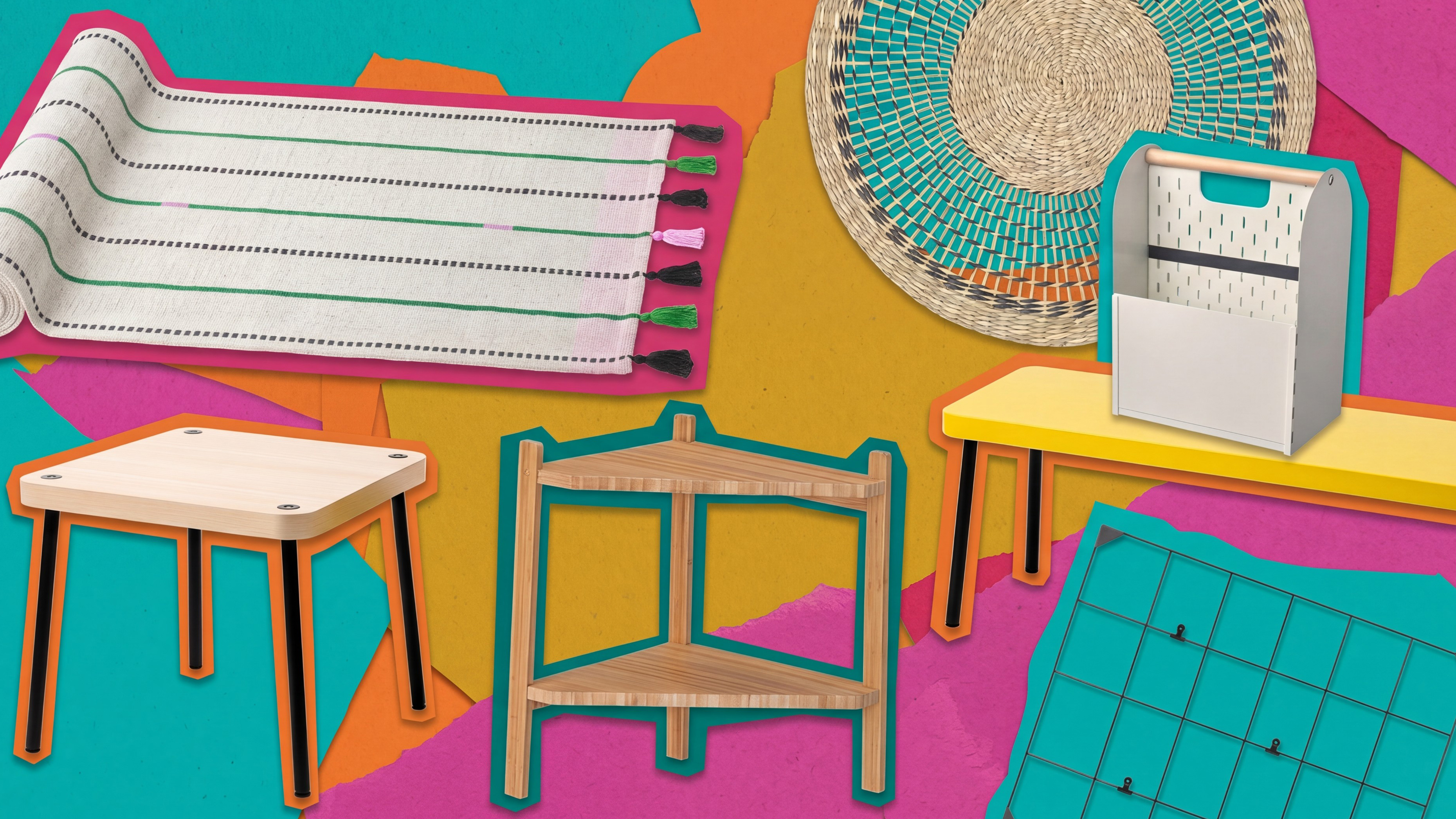 Selection of IKEA homeware against a colorful background