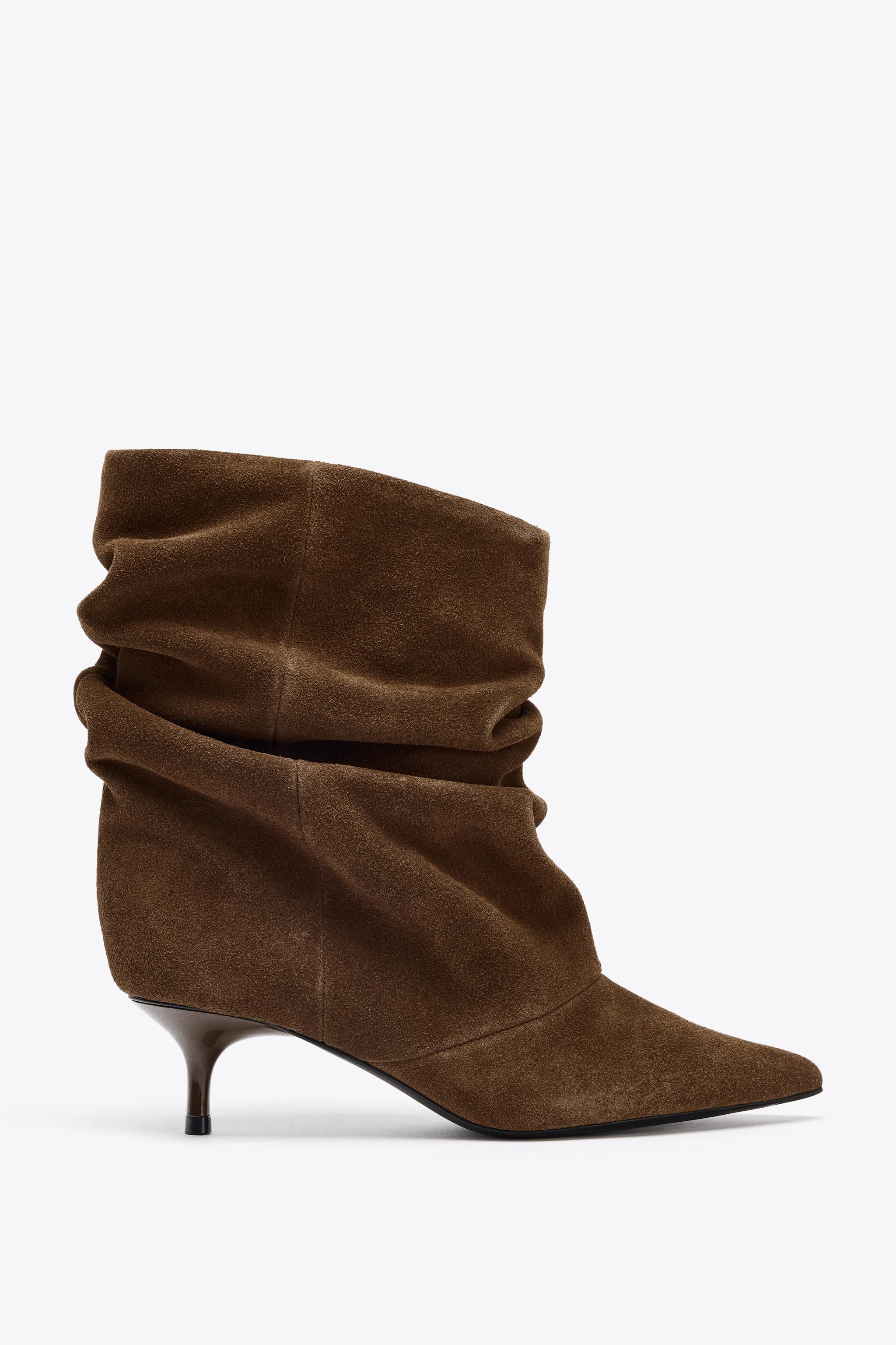 Ruched Split Leather Ankle Boots