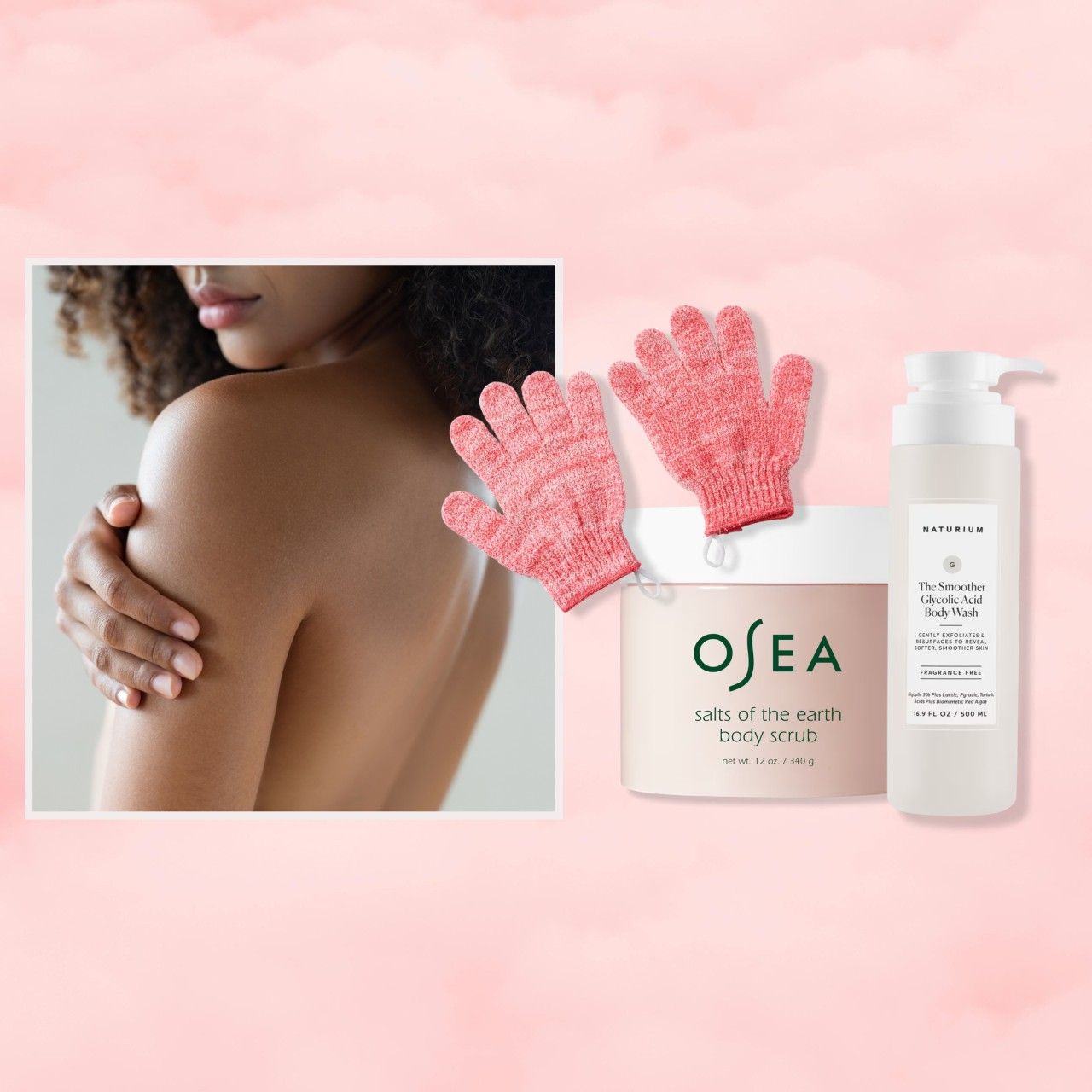 an edit of a person with smooth skin next to three exfoliating body products