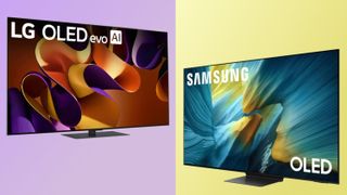The LG G4 OLED and the Samsung S95F OLED in front of colorful backgrounds in a side-by-side image