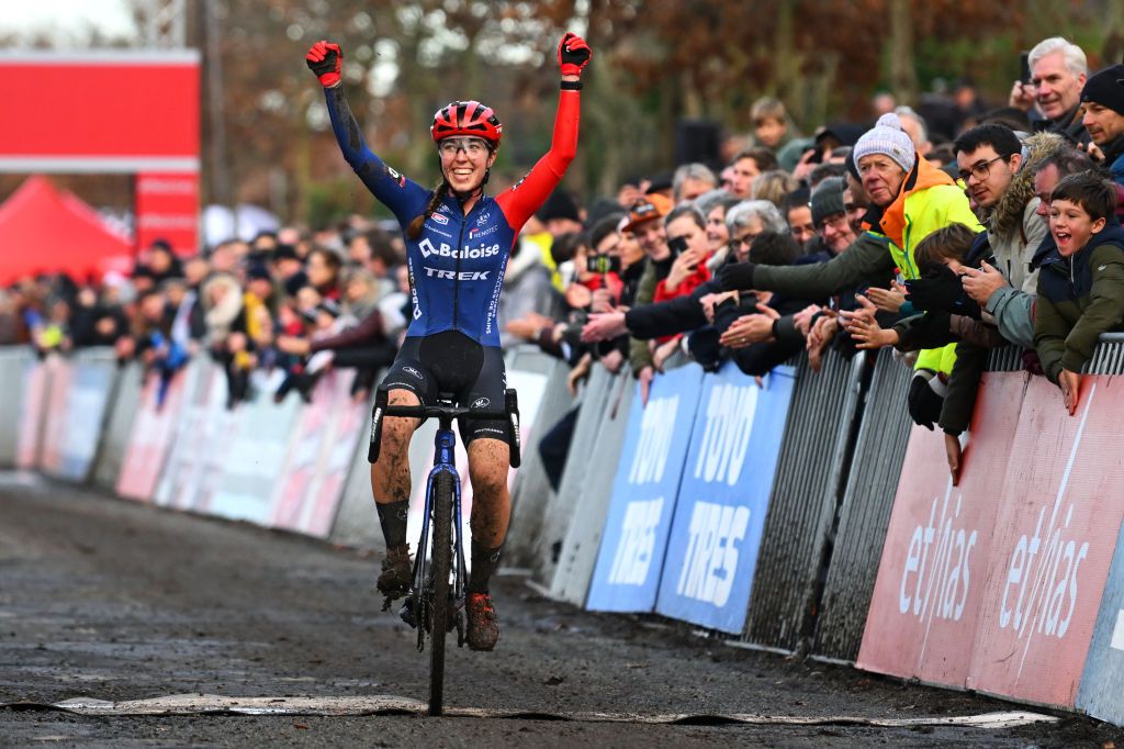 GAVERE BELGIUM DECEMBER 26 Shirin Van Anrooij of The Netherlands and Team Baloise Trek Lions celebrates at finish line as stage winner during the 1st UCI Cyclocross World Cup Gavere 2022 Womens Elite CXWorldCup on December 26 2022 in Gavere Belgium Photo by Luc ClaessenGetty Images