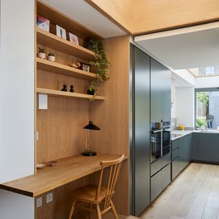 study room with wooden flooring and shelves on wall