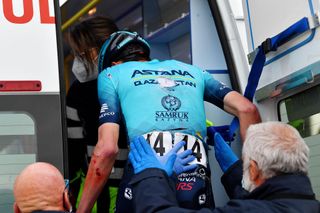 LAGOS PORTUGAL FEBRUARY 16 Joseph Lloyd Dombrowski of United States and Team Astana Qazaqstan injurys after crossing the line the 48th Volta Ao Algarve 2021 Stage 1 a 1991km at stage from Portimo to Lagos VAlgarve2022 on February 16 2022 in Lagos Portugal Photo by Luc ClaessenGetty Images