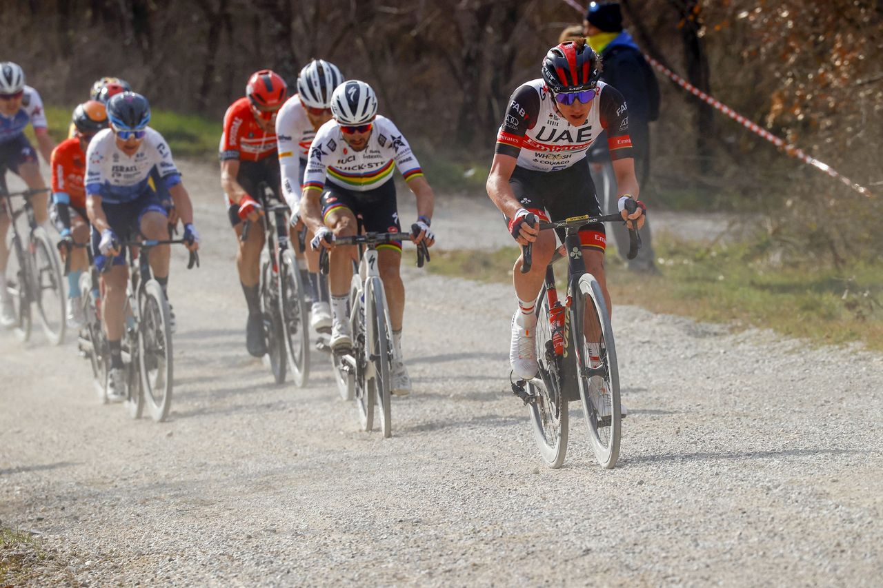 Strade Bianche 2022 - 16th Edition - Siena - Siena 184 km - 05/03/2022 - Tadej Pogacar (SLO - UAE Team Emirates) - Julian Alaphilippe (FRA - Quick-Step Alpha Vinyl Team) - photo Luca Bettini/SprintCyclingAgency&Acirc;&copy;2022