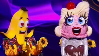 Banana Spilt on stage following their duet with judge Robin Thicke on The Masked Singer