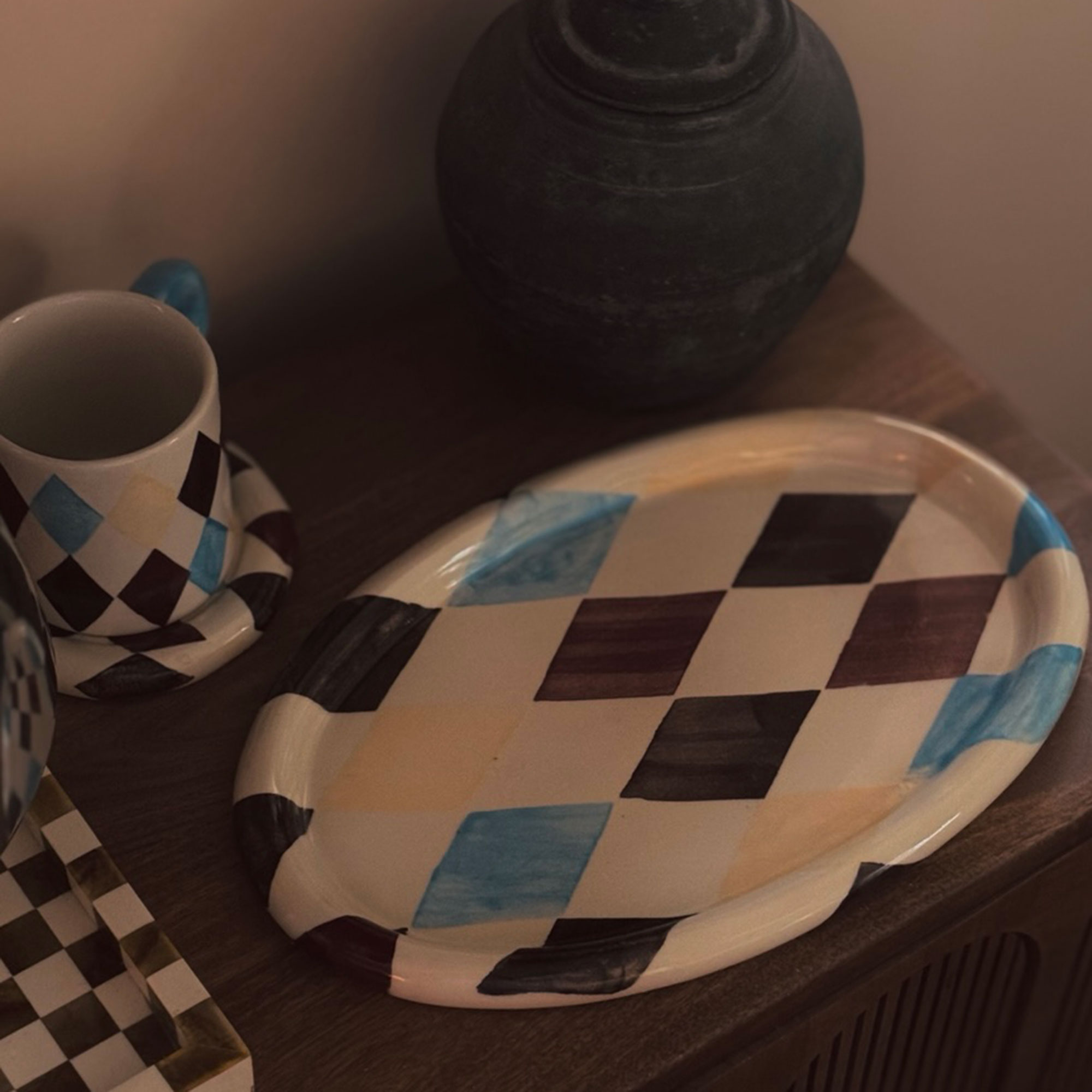 Harlequin ceramic tray and mug