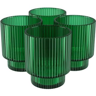American Atelier Vintage Art Deco Fluted Drinking Glasses | Ribbed Glassware for Cocktail, Gin, Whiskey, & More | Modern Glassware | Lowball Fluted Cocktail Glasses | Set of 4 (9 Oz, Green)