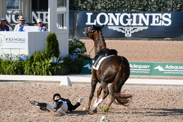 Natasha Baker (para rider) takes a fall at WEG 2018
