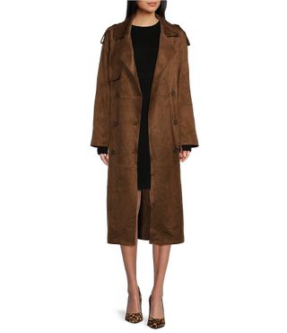 Gb Button Front Tie Waist Faux Suede Trench Coat