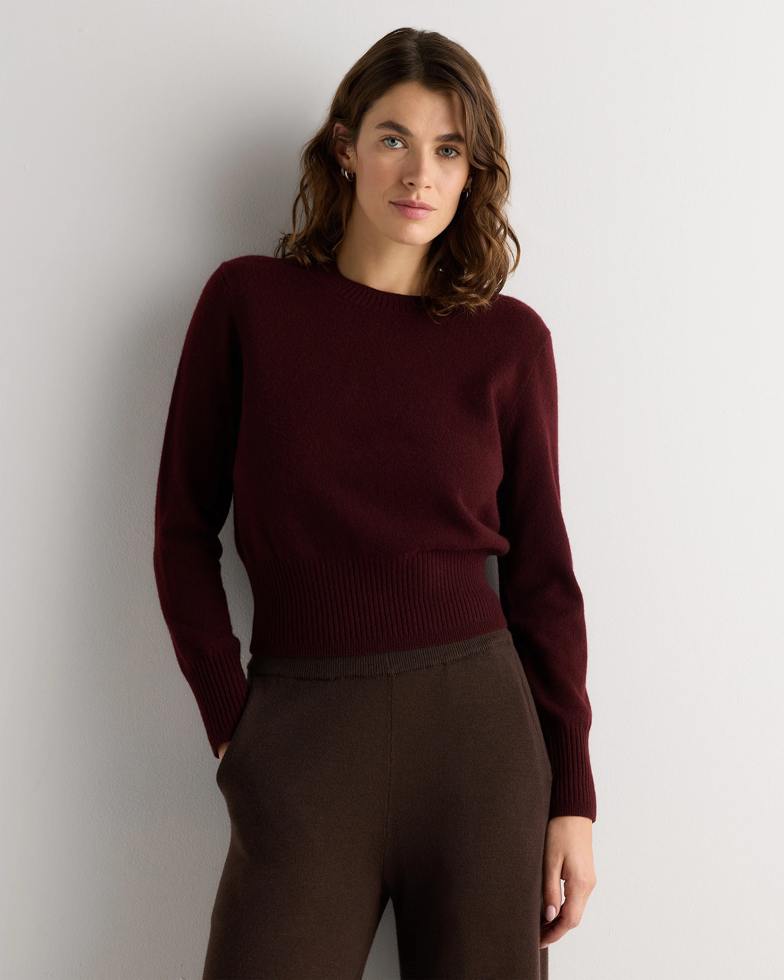 100% Mongolian Cashmere Shrunken Crewneck Sweater in Rich Burgundy, Size Xs