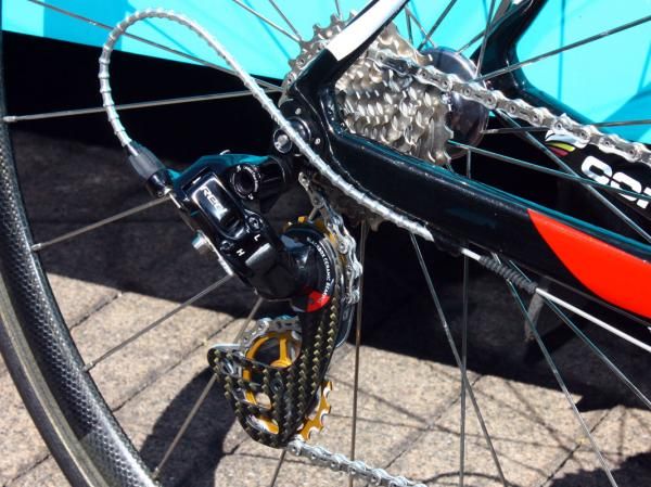 Contador's SRAM Red rear derailleur is hopped up with a Berner carbon fiber cage and oversized pulleys.