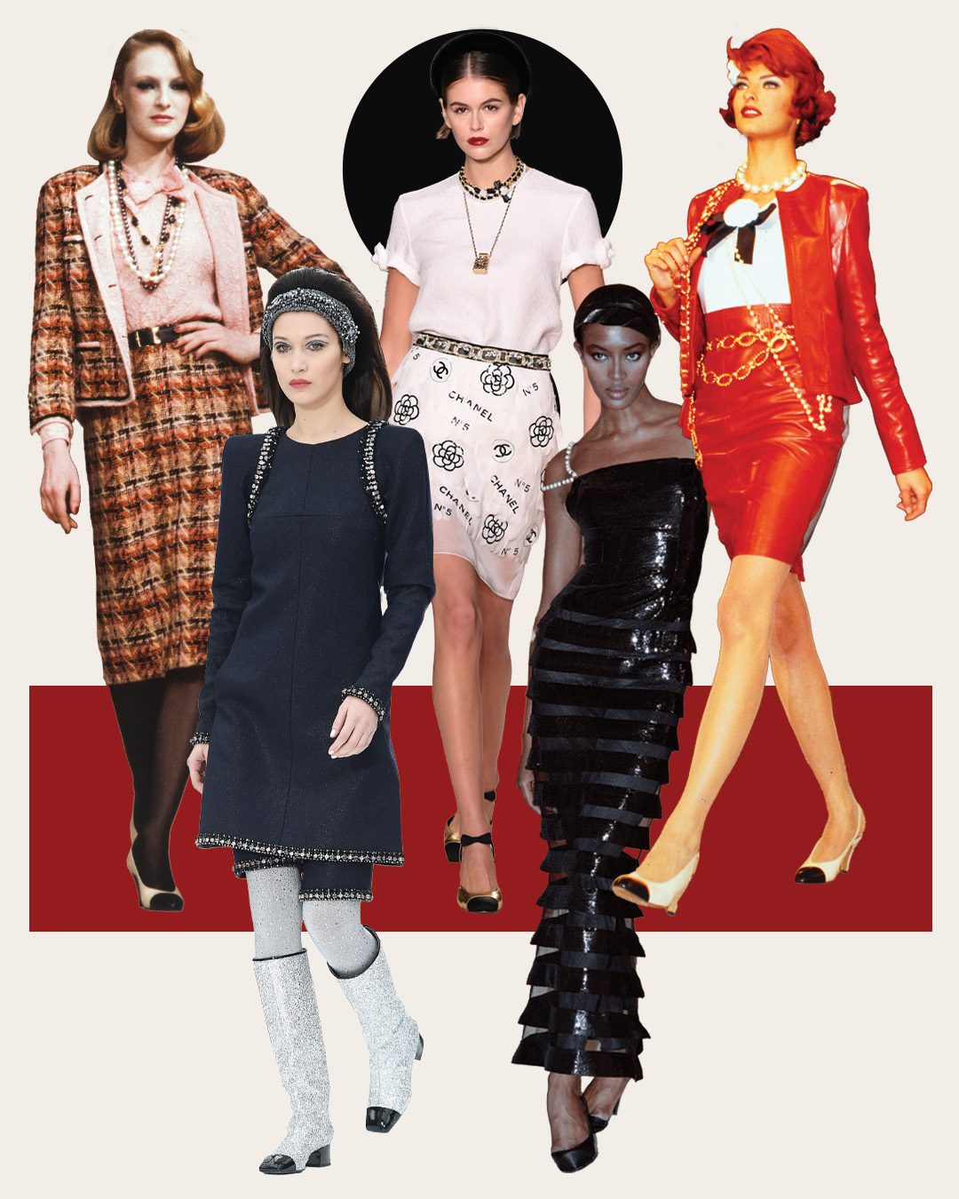 A collage of Chanel slingbacks on the runway.