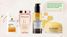 four products from the Lookfantastic sale - La Roche-Posay spf, Kerastase shampoo, Loreal hair serum and Elemis cleansing balm