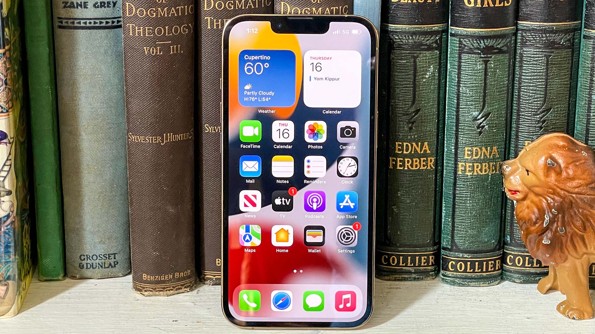 iphone 13 pro display on leaning against books