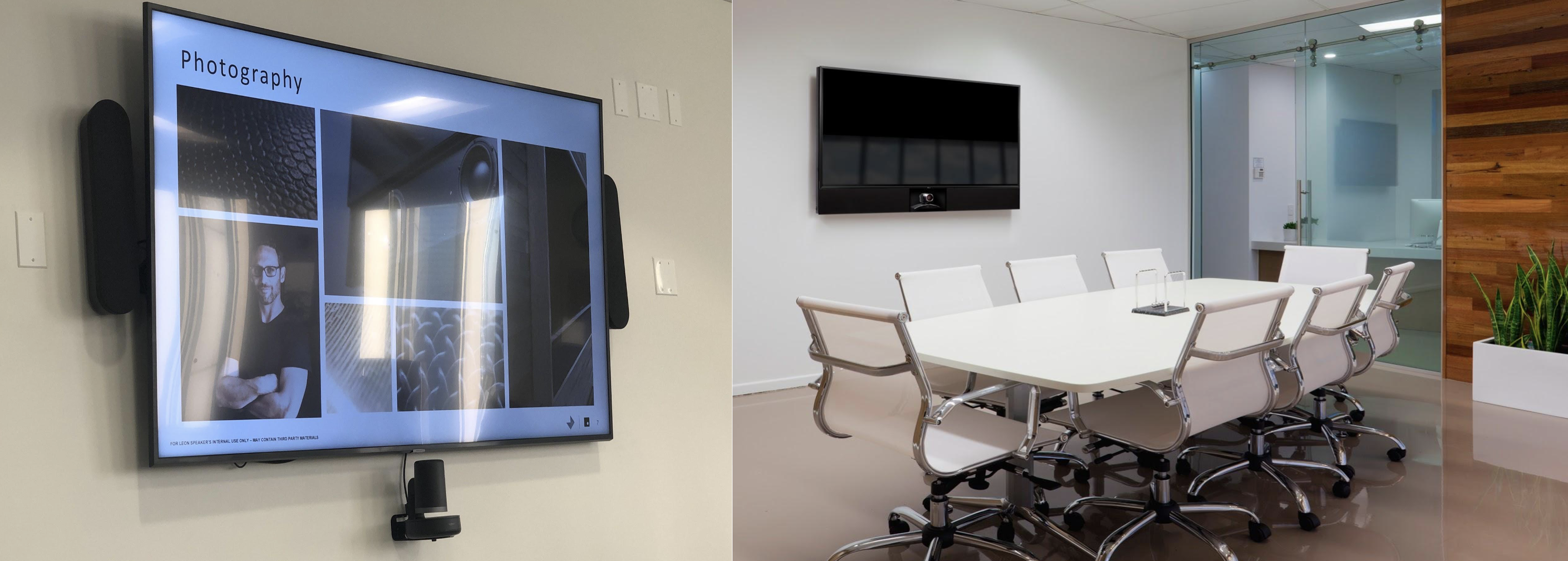 The choice on the left allows cabling to be visible and may not properly position speakers and camera for optimal use. The solution on the right hides all cabling and mounts the camera in an unobtrusive but custom-matching soundbar which provides direct-source audio.