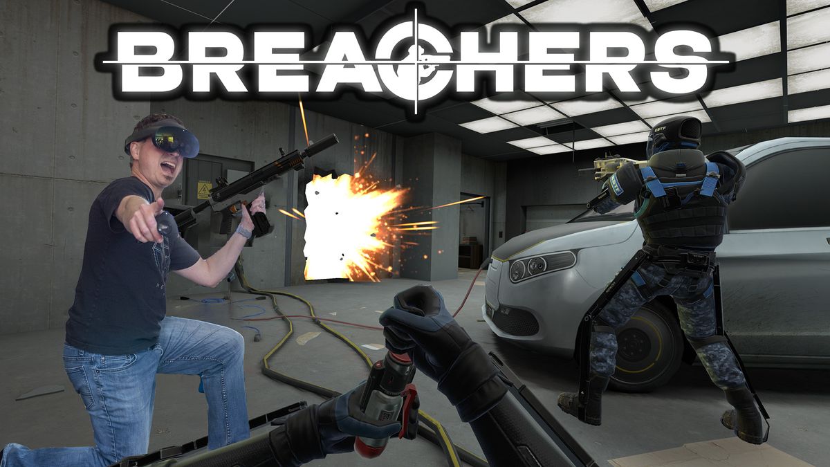 A mixed reality image of me playing Breachers with a Meta Quest Pro