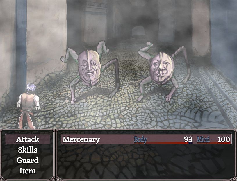 A Fear and Hunger Mercenary squares off against two mishappen face creatures in a  misty alleyway
