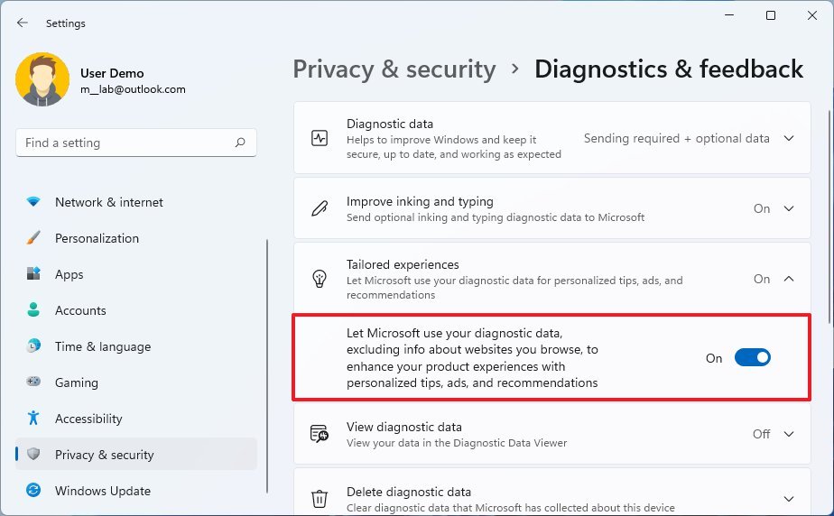 Diagnostic data disable ads on Windows 11