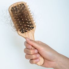 image of a woman's hand holding a hairbrush with lots of hair in it